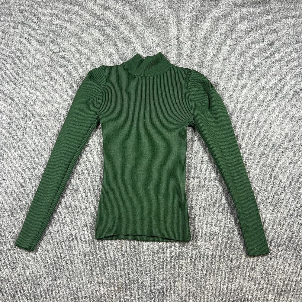 Elie Tahari Sweater Womens Green Ribbed Knit Button Detail Puff Sleeve Mock Neck